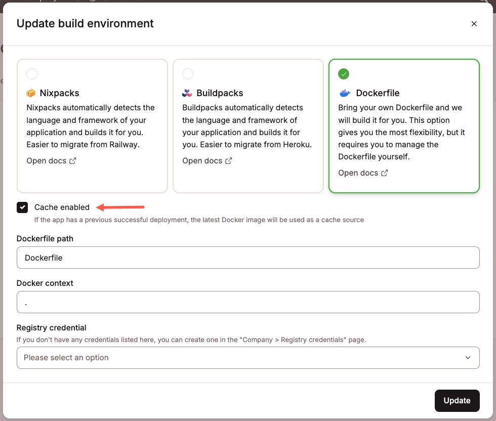 Sevalla dashboard showing Docker caching options