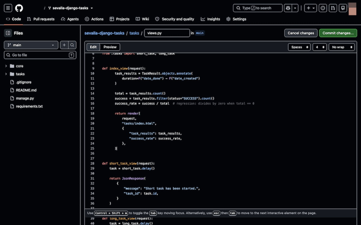 Editing the tasks/views.py file directly in the GitHub web interface