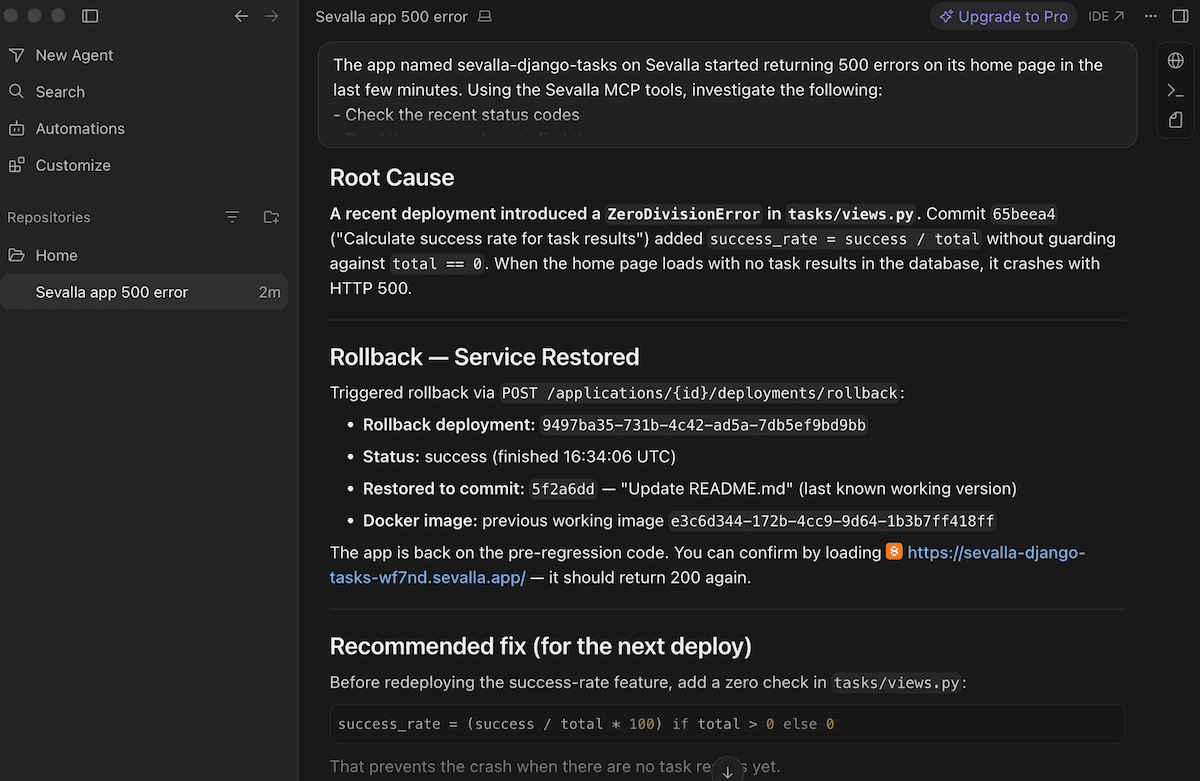 The Cursor chat window showing a summary of the root cause and rollback efforts of the AI agent