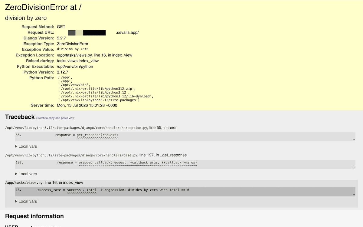 The Sevalla Django tasks home page returning a 500 error after the regression is deployed