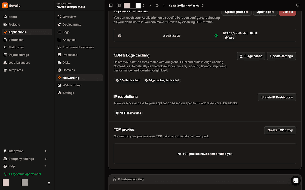 The Networking screen within Sevalla