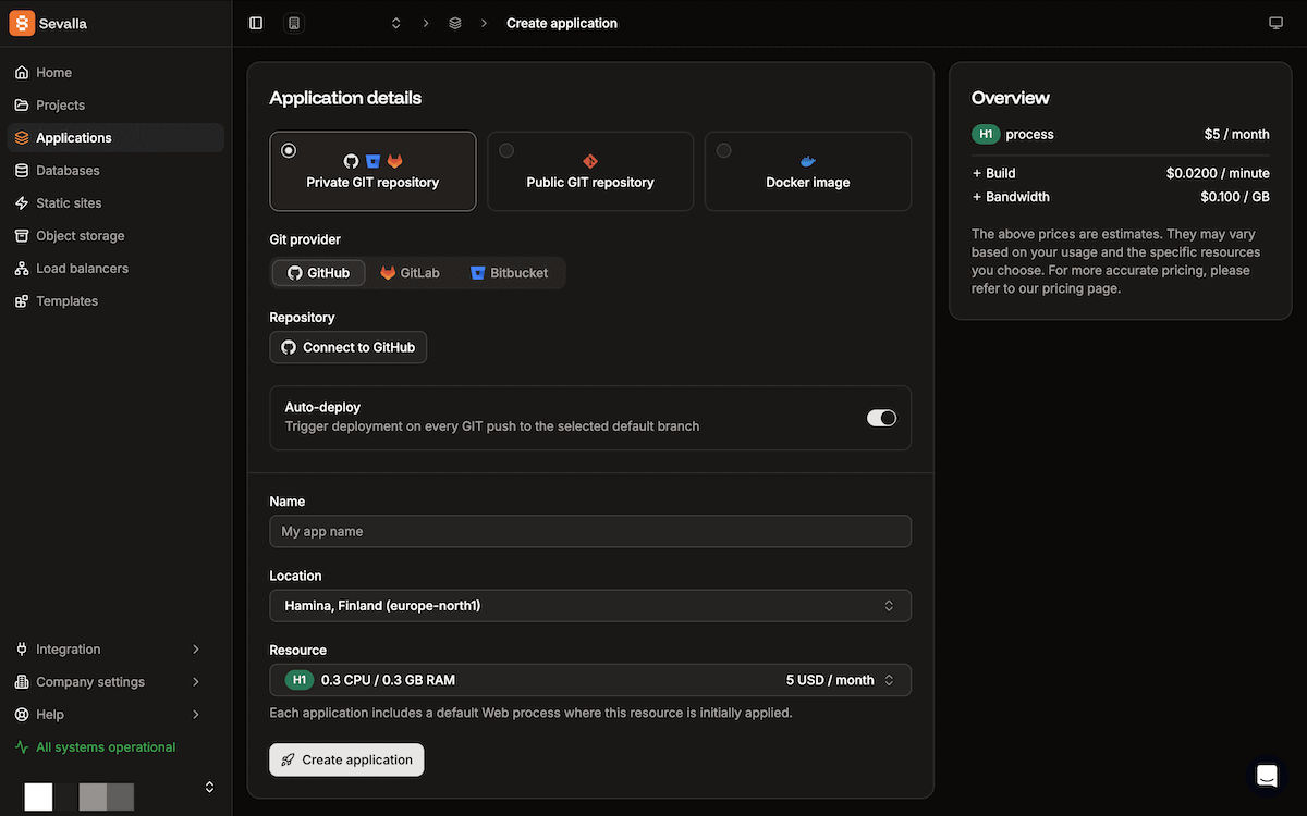 Creating a new application in Sevalla connected to the forked GitHub repository