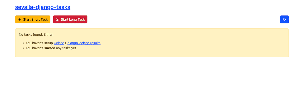 The Sevalla Django tasks home page showing a healthy state with no tasks found