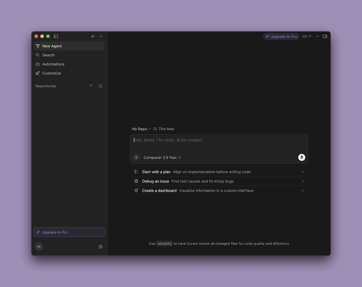 The main Cursor chat window waiting to receive instructions
