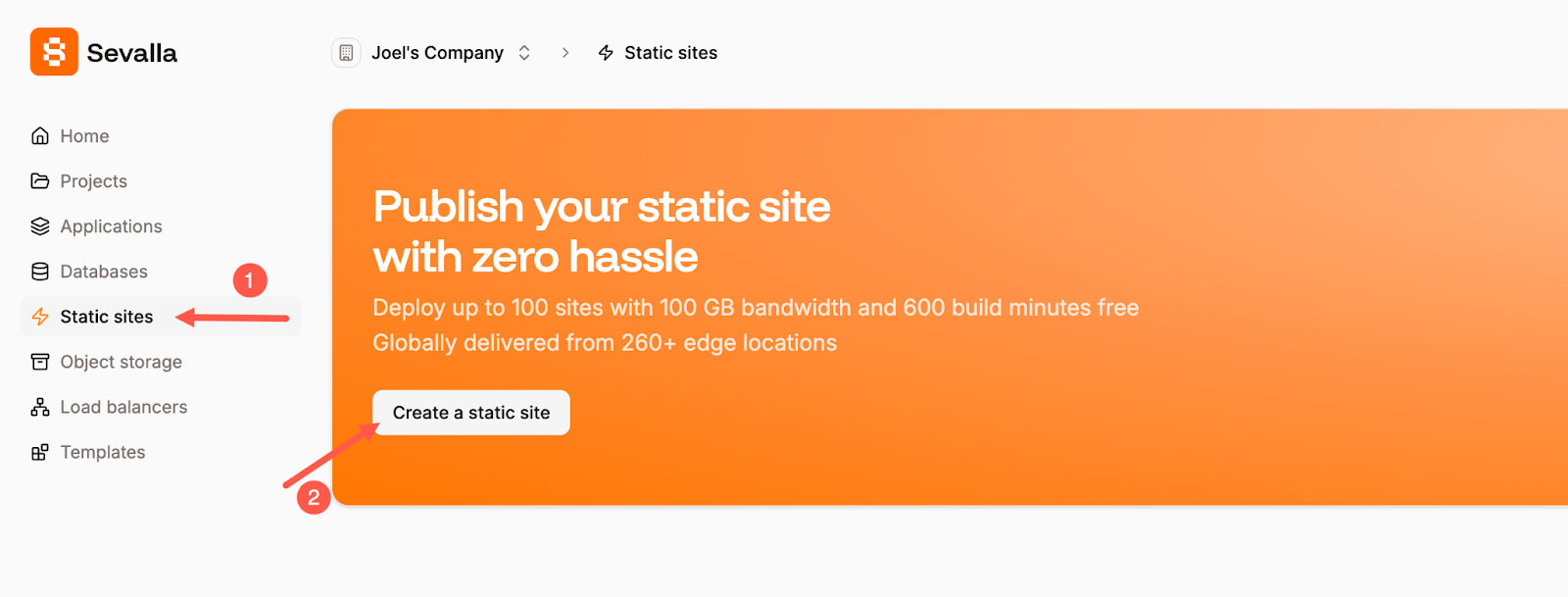 Create a static site in Sevalla