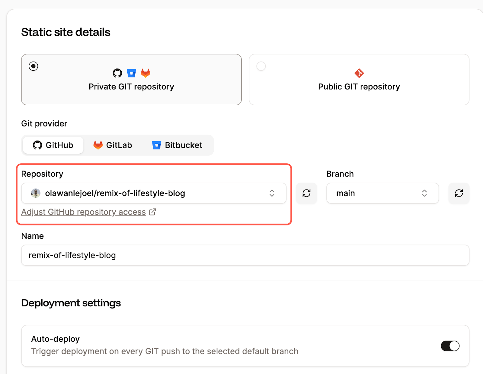 Connect GitHub repository in Sevalla
