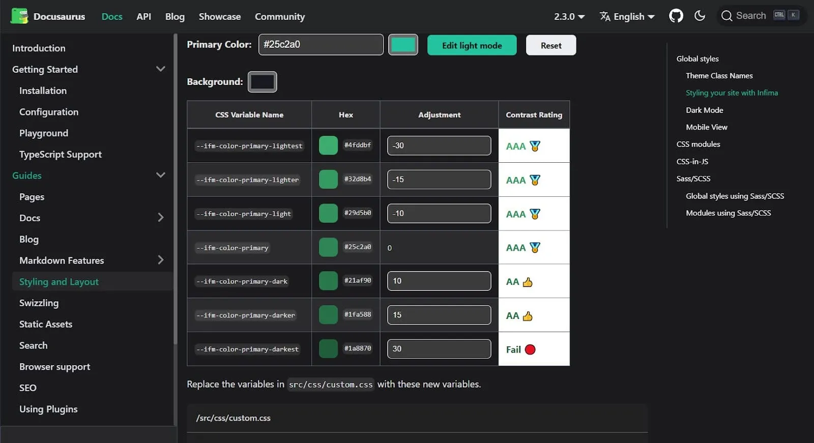 A portion of the Docusaurus official documentation, exhibiting their custom CSS tool with fields to enter hex code adjustments for each individual element in the Docusaurus design.