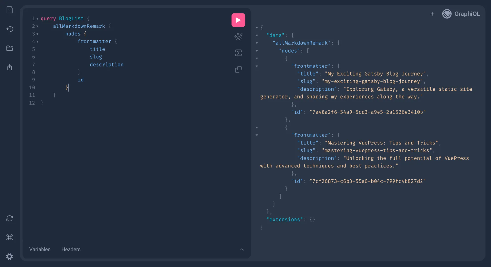 Using the GraphiQL playground to get markdown information.