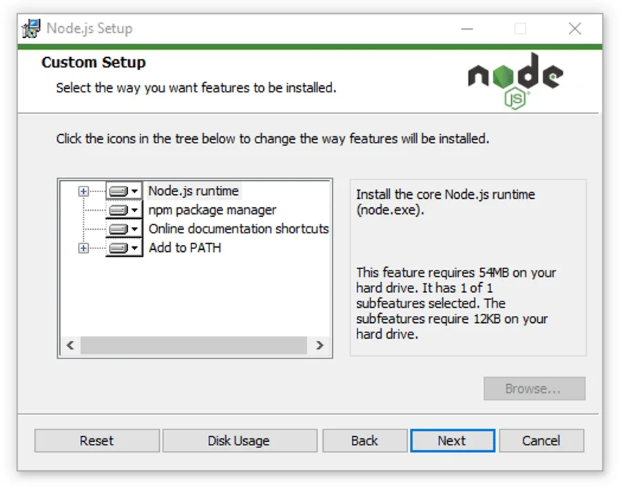 "Custom Setup" options in the Node.js installer.