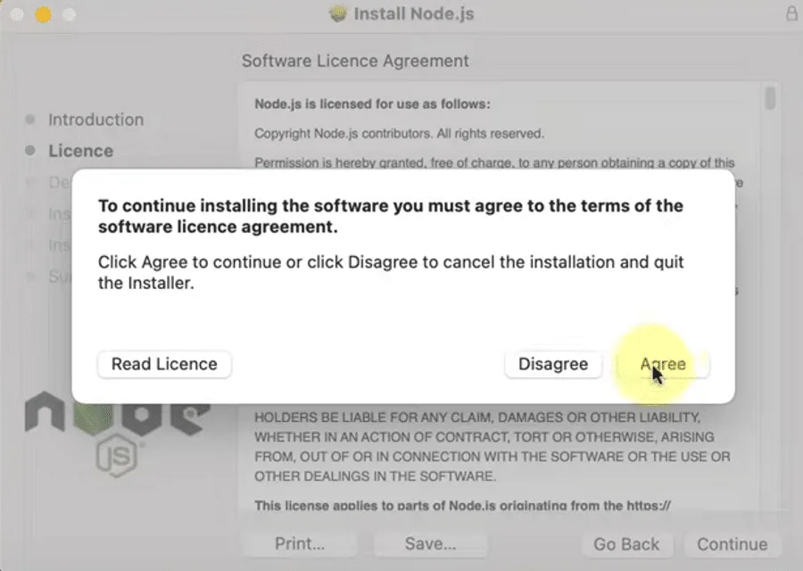 Node.js macOS installation license agreement.