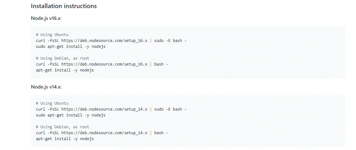 Node.js Ubuntu installation instructions.