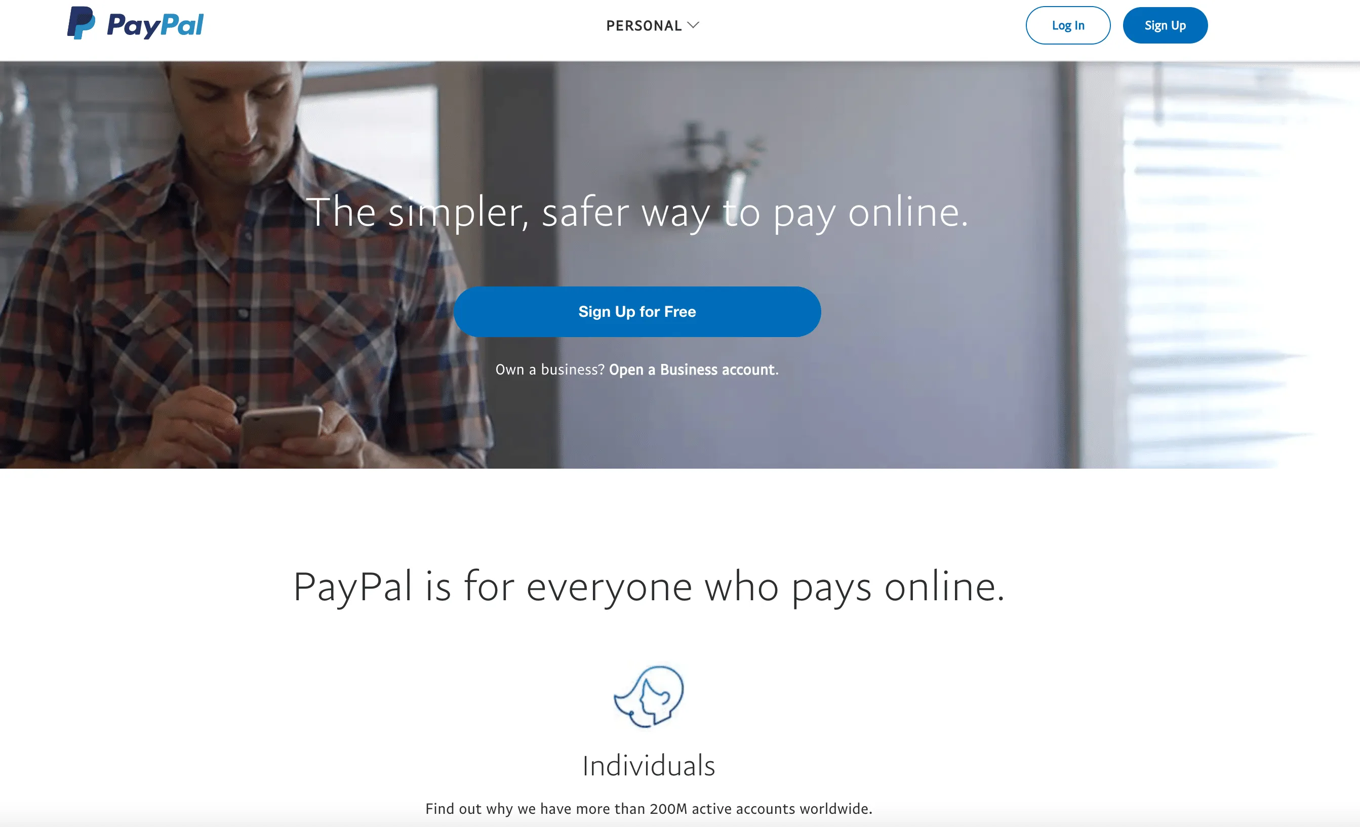 The PayPal homepage.