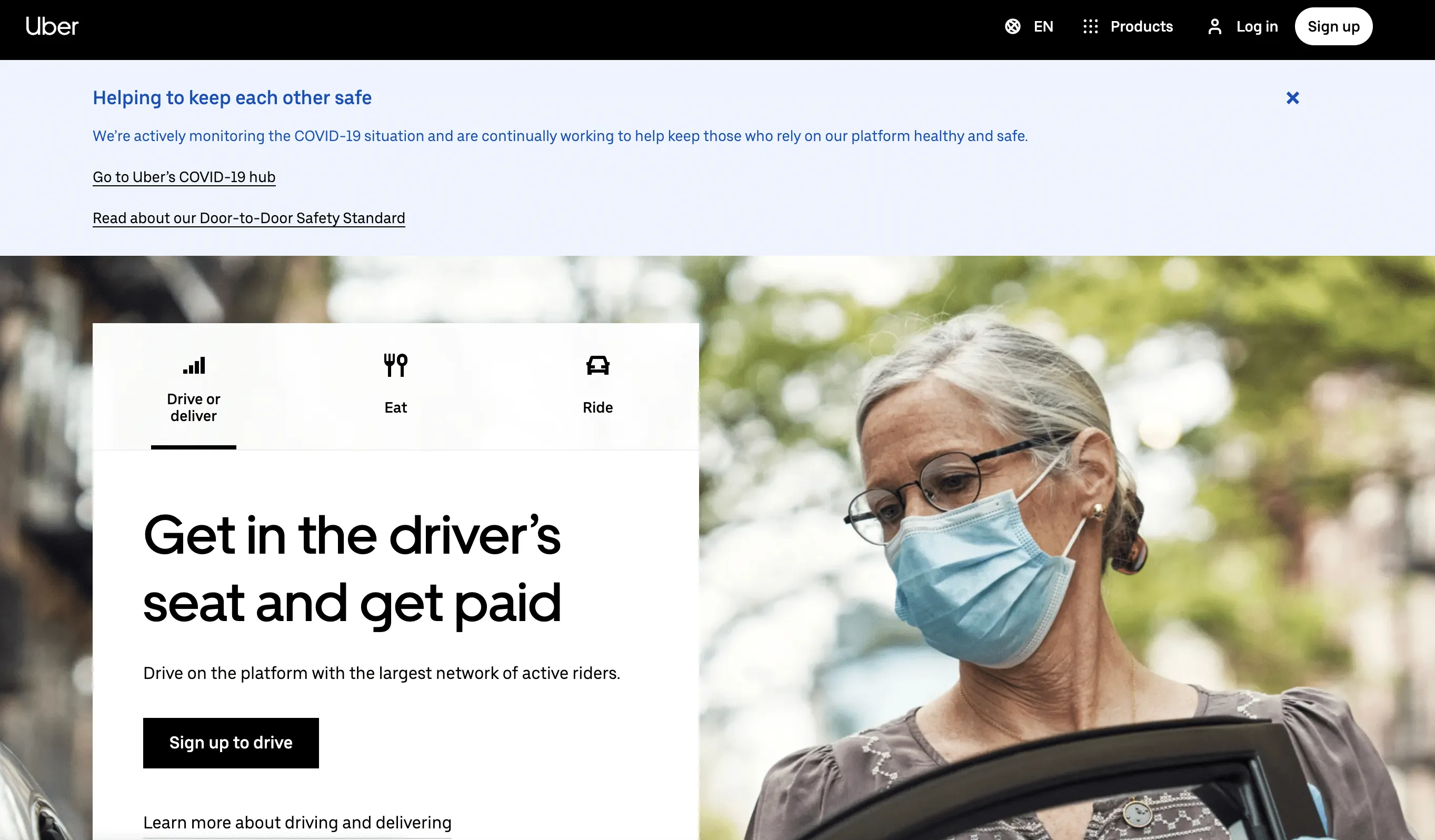 The Uber homepage.