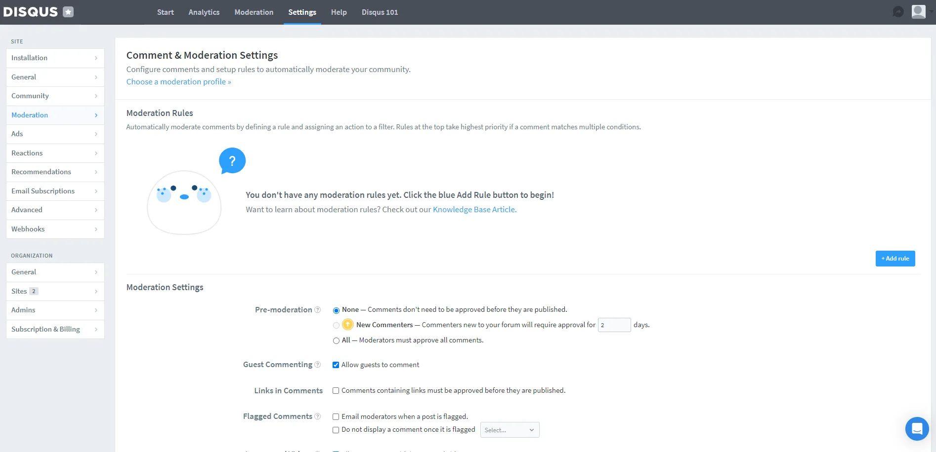 Accessing the moderation panel from the Disqus dashboard.