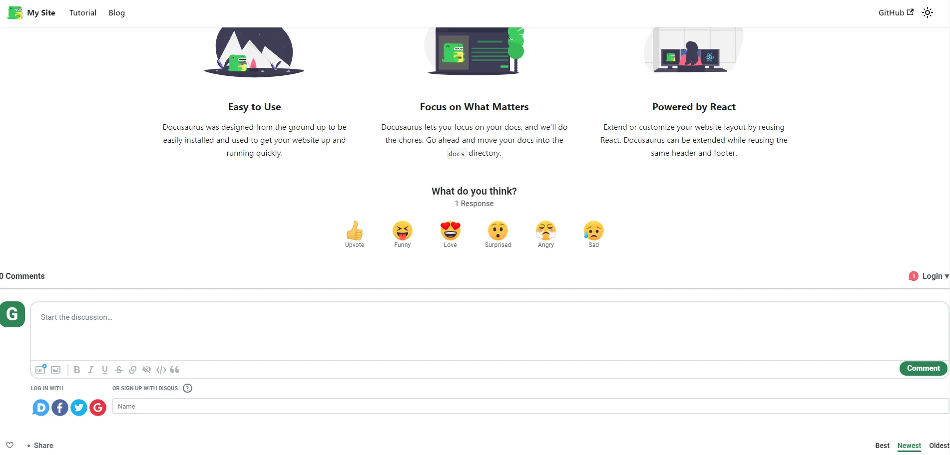 The static site displays the reactions integration.