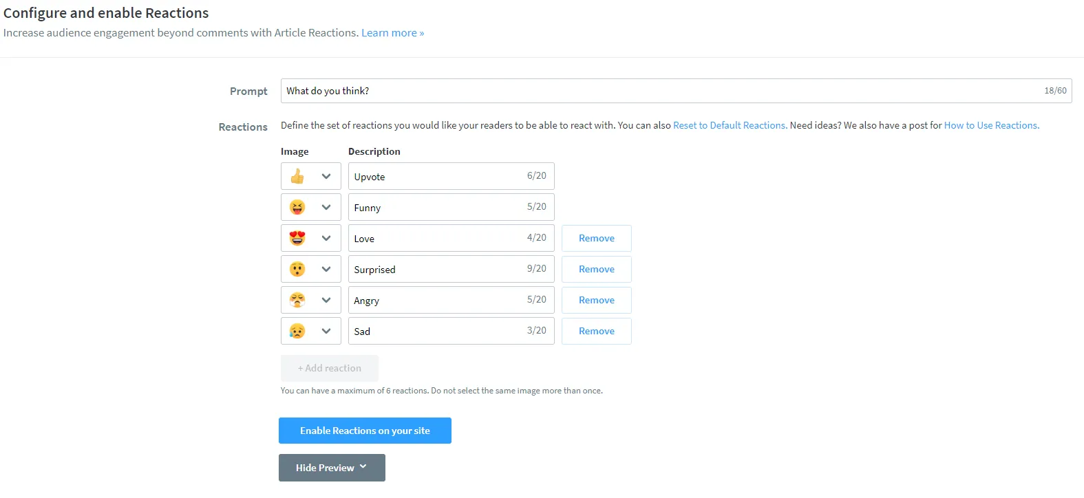 Configuring and enabling Reactions through the Disqus dashboard.