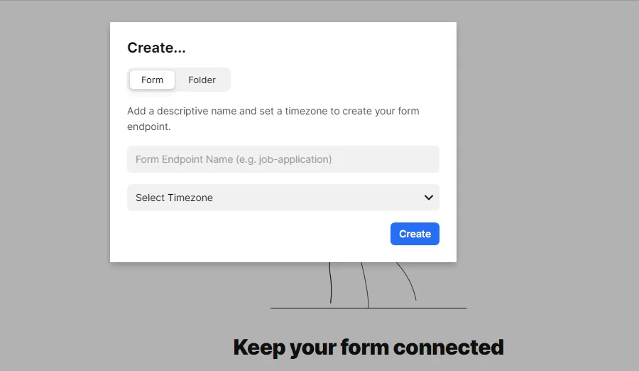 Getform's form submission endpoint URL creation dialog box.