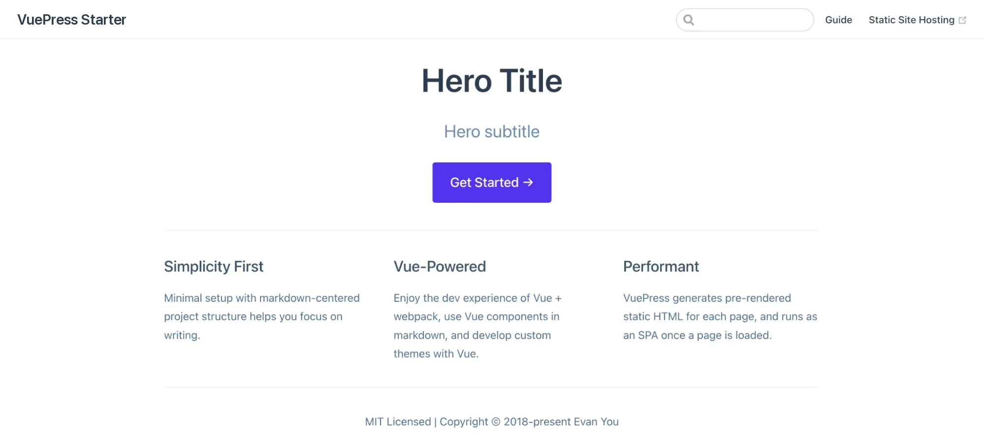VuePress default homepage.